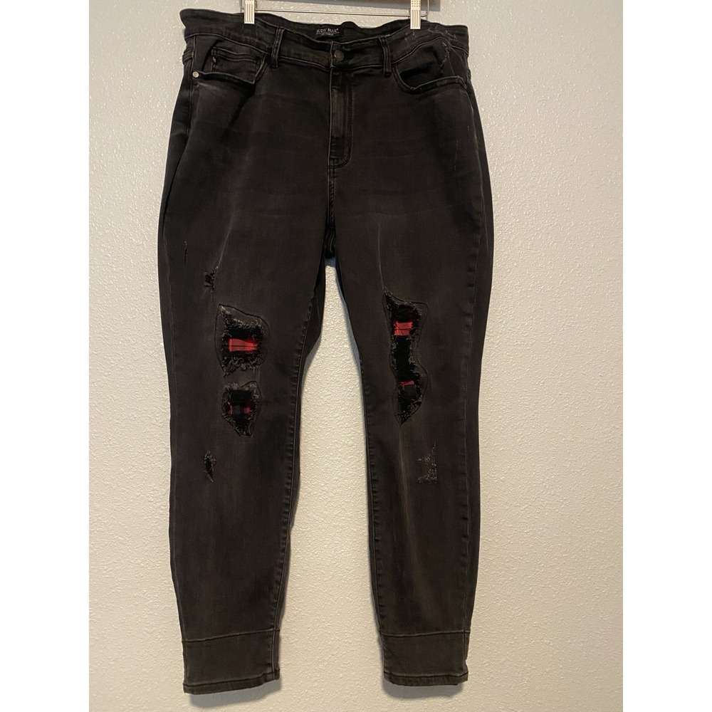 Judy Blue Womens Jeans 22W Black Denim Distressed‎ Red Plaid Patch JB82191BK